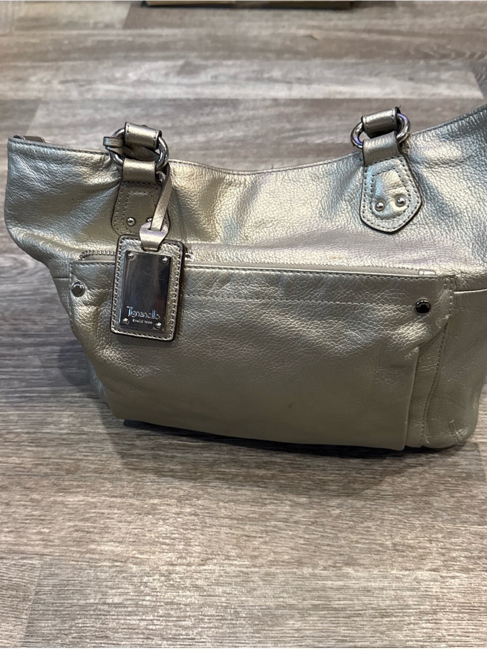 Tignanello Metallic Silver Pebble Leather Tote Shoulder Bag
